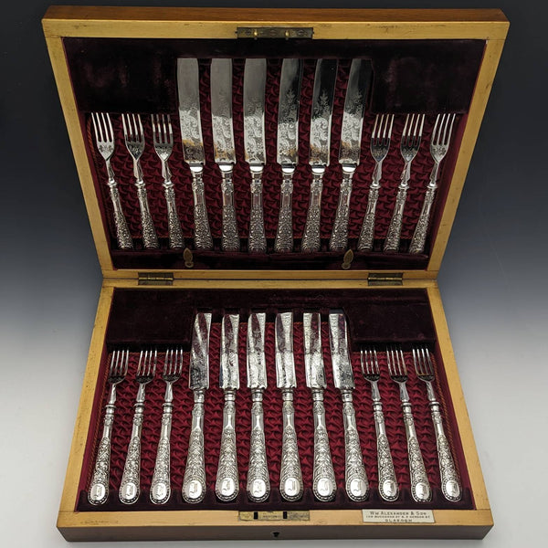 Late Victorian British antique silver plate dessert cutlery 12 pair set in wooden box